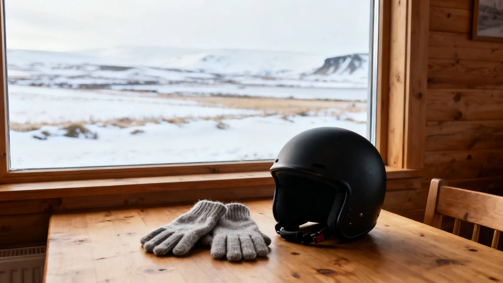 Plain gloves and a blank black helmet on a wooden guesthouse table