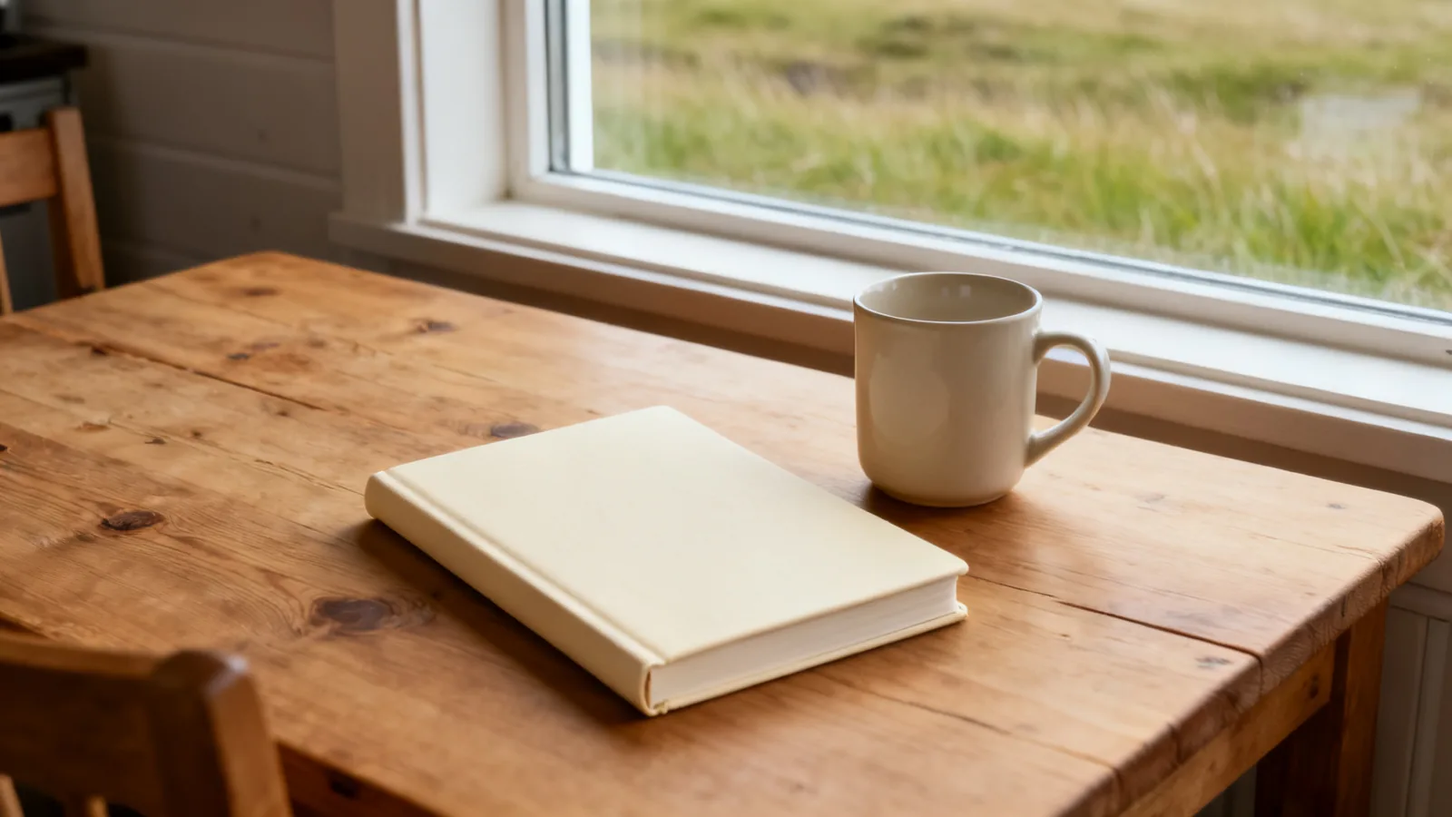 Blank travel journal and plain mug beside a rural guesthouse window
