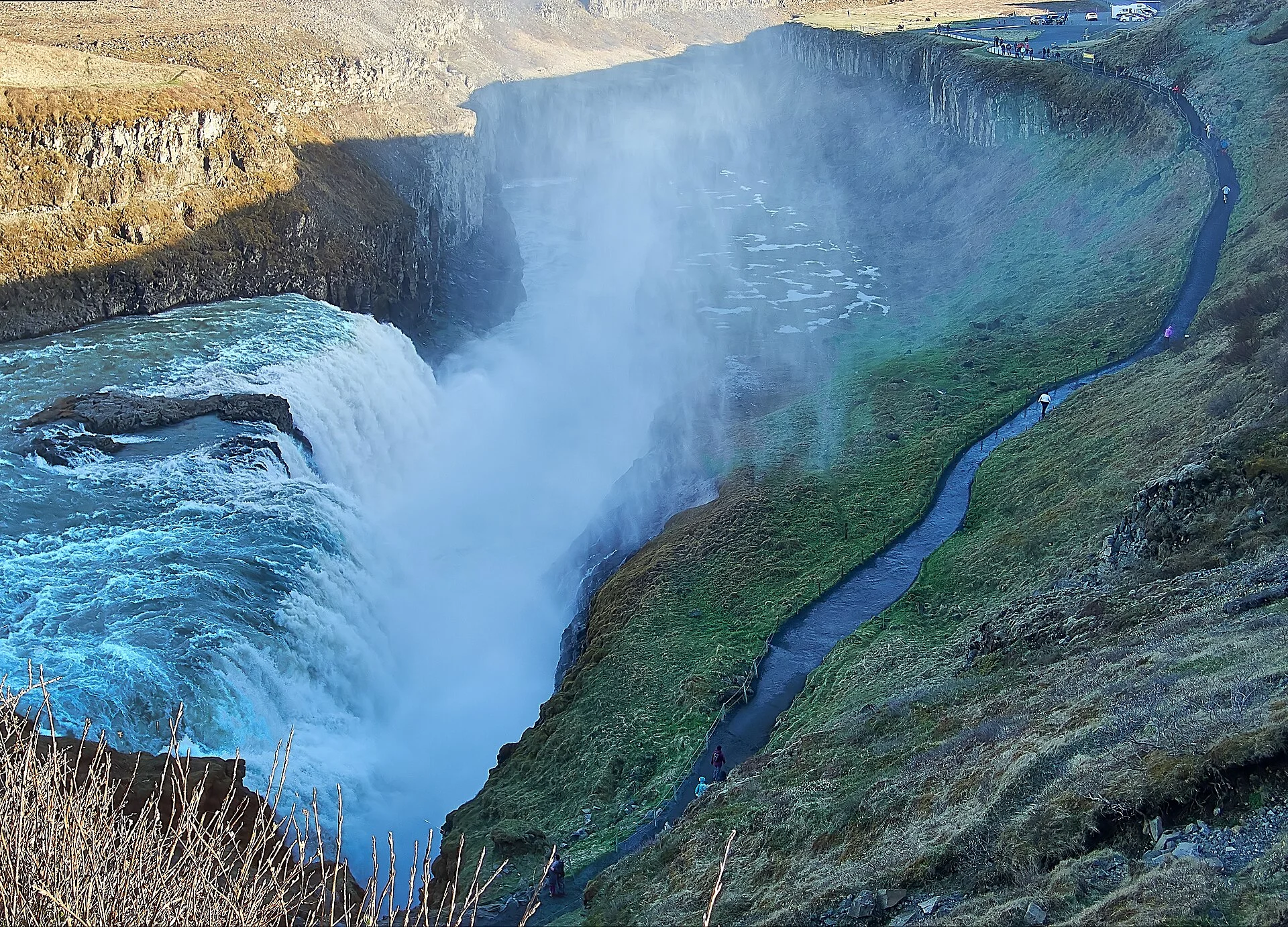 Marked walking path and visitors beside Gullfoss