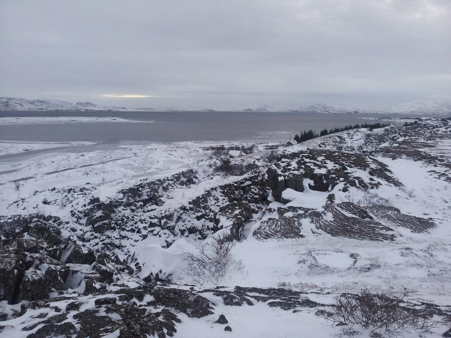 Þingvallavatn lake seen from the park viewpoint in winter