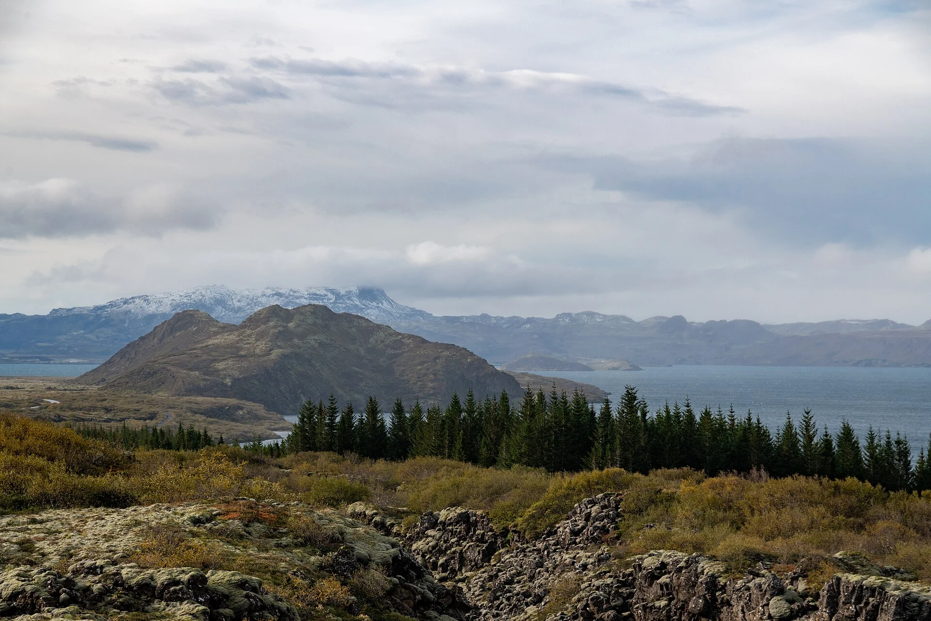 Rocky ground and distant mountains seen from Þingvellir