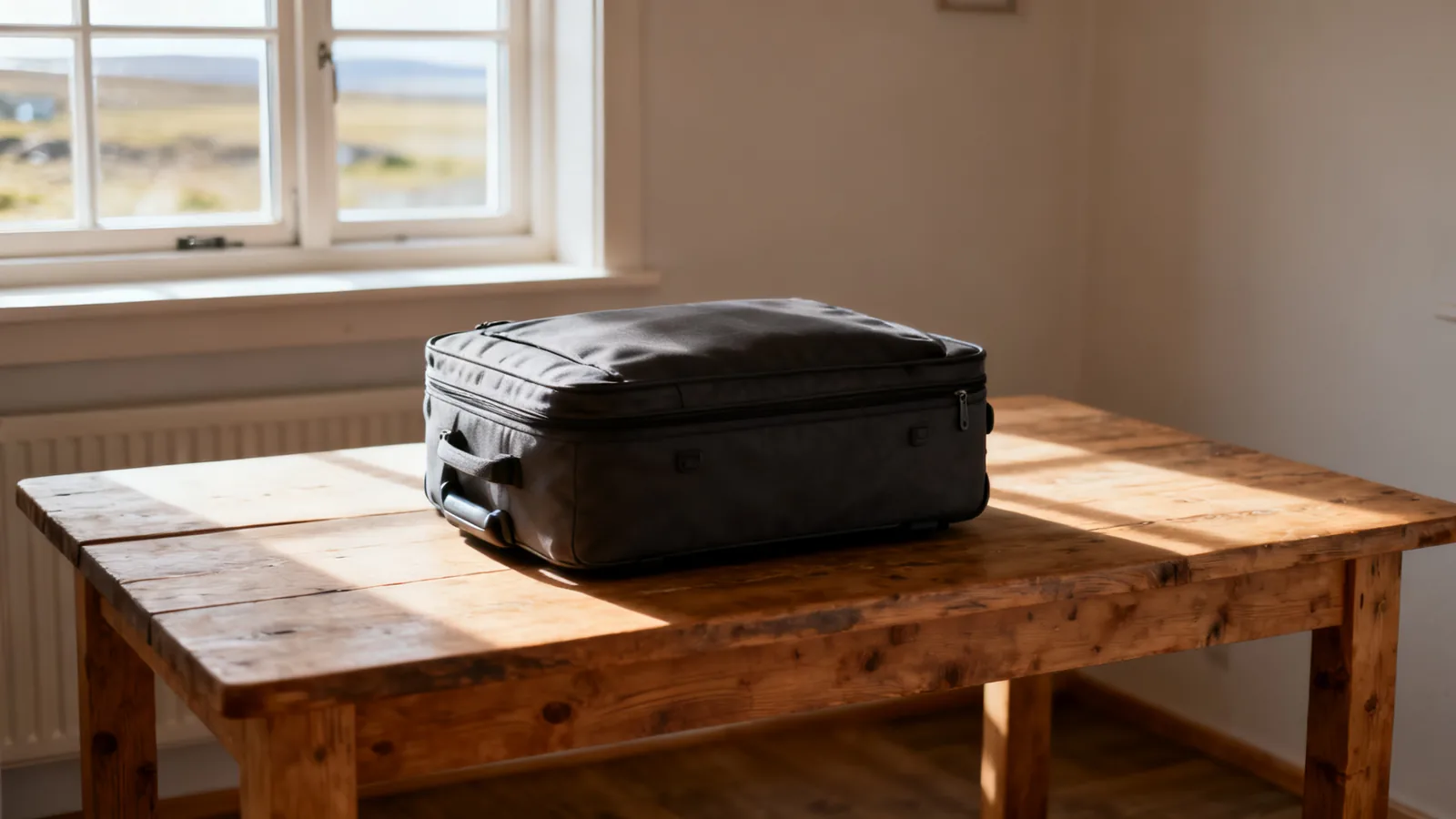 Completely plain closed travel bag on an indoor table