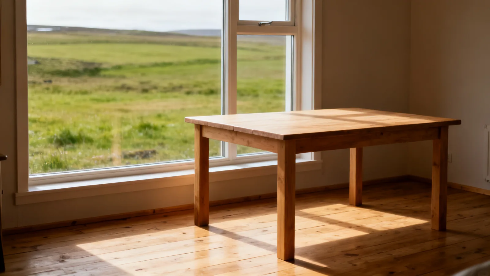 Empty wooden table beside a window overlooking anonymous grass fields