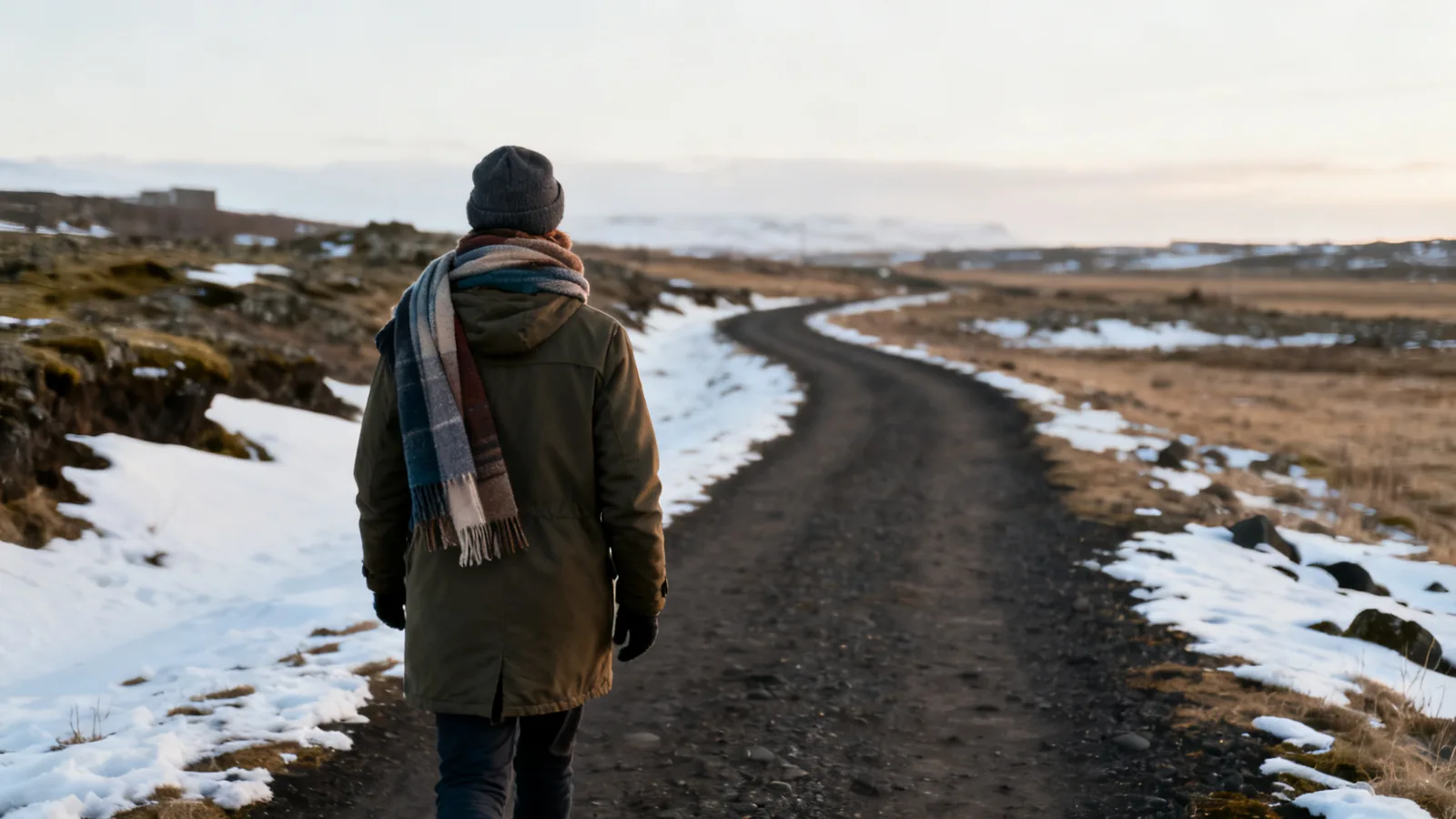 Traveller seen from behind on an anonymous snowy rural path